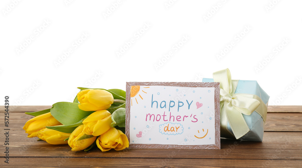 Greeting card with text HAPPY MOTHERS DAY, tulips and gift on table against white background