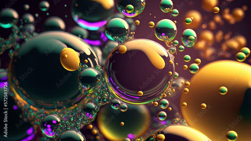 Bubbles background with psychedelic colors. Surreal wallpaper with curvy organics circle shapes. Gen