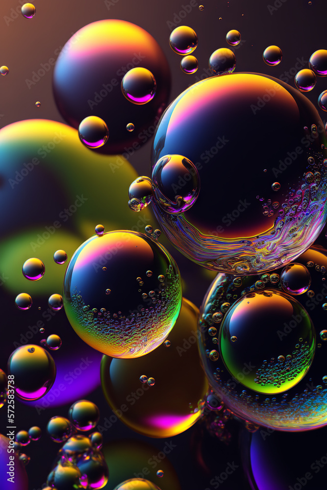 Bubbles background with psychedelic colors. Surreal wallpaper with curvy organics circle shapes. Gen