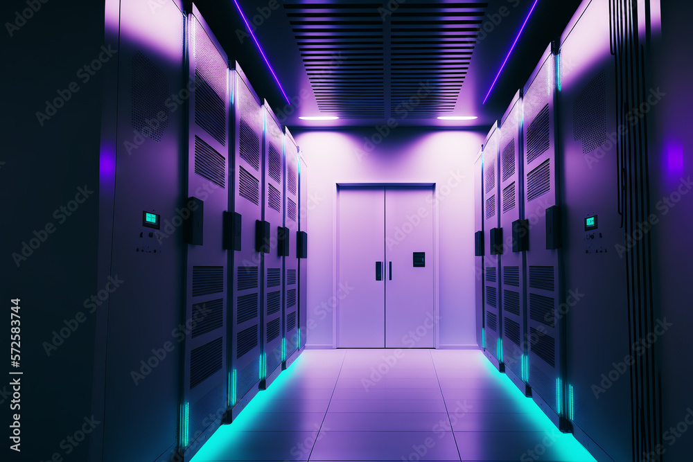 Dark servers data center room with computers and storage systems and purple blue glowing elements. G