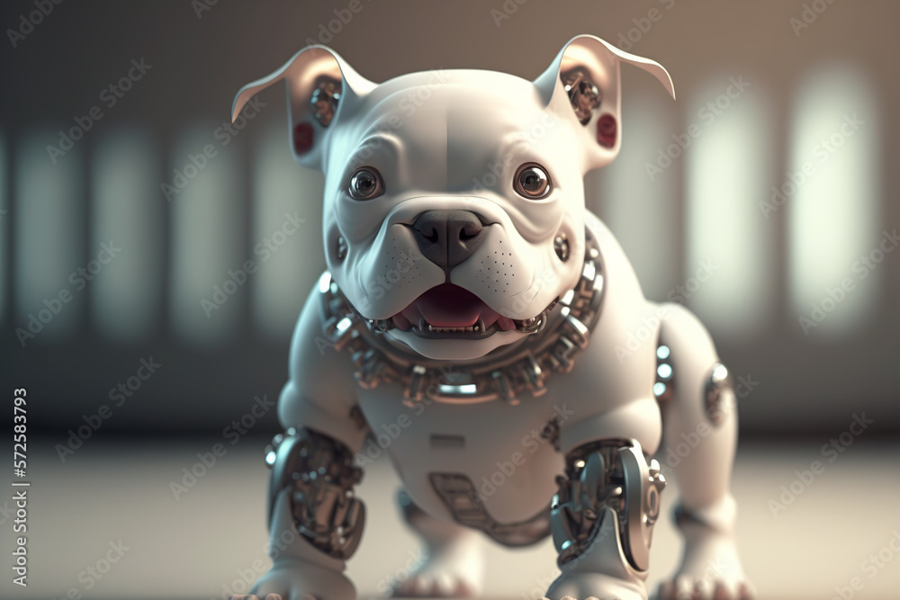 Cute robotic puppy on empty background. White happy little dog robot. Futuristic pet assistant power