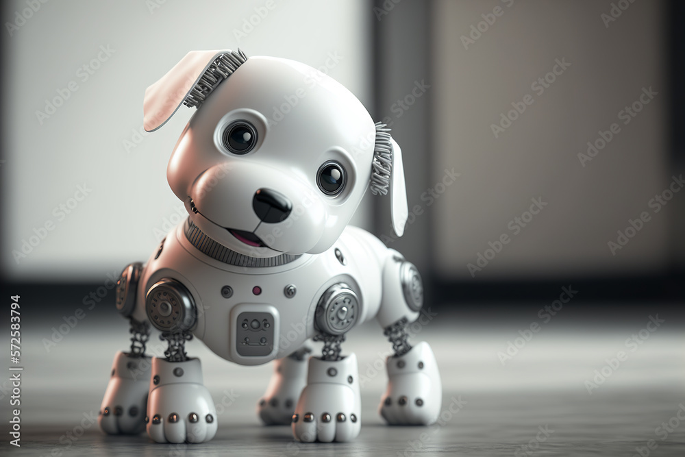 Cute robotic puppy on empty background. White happy little dog robot. Futuristic pet assistant power