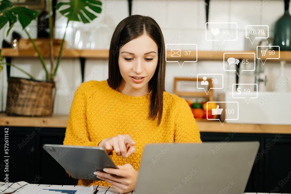 Asian woman typing smartphone, keyboard  with laptop computer of.Social media and Marketing virtual 