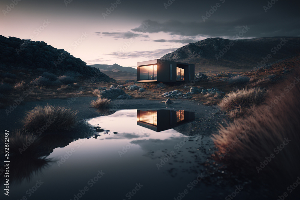 modern architecture exterior in wild in the mountains, created by a neural network, Generative AI te