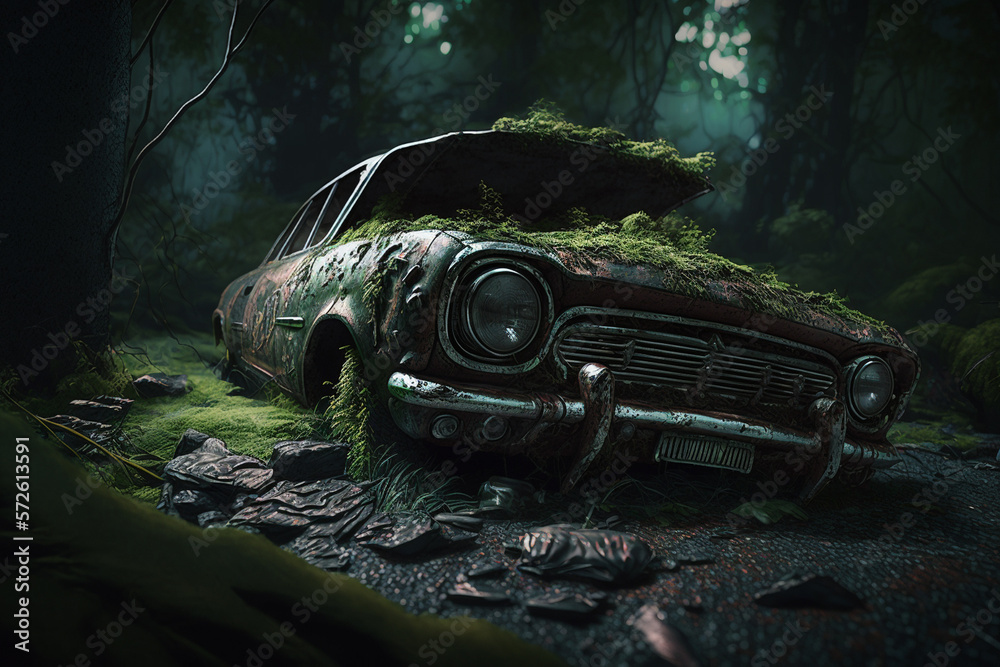 an old abandoned car in the forest overgrown with moss, created by a neural network, Generative AI t