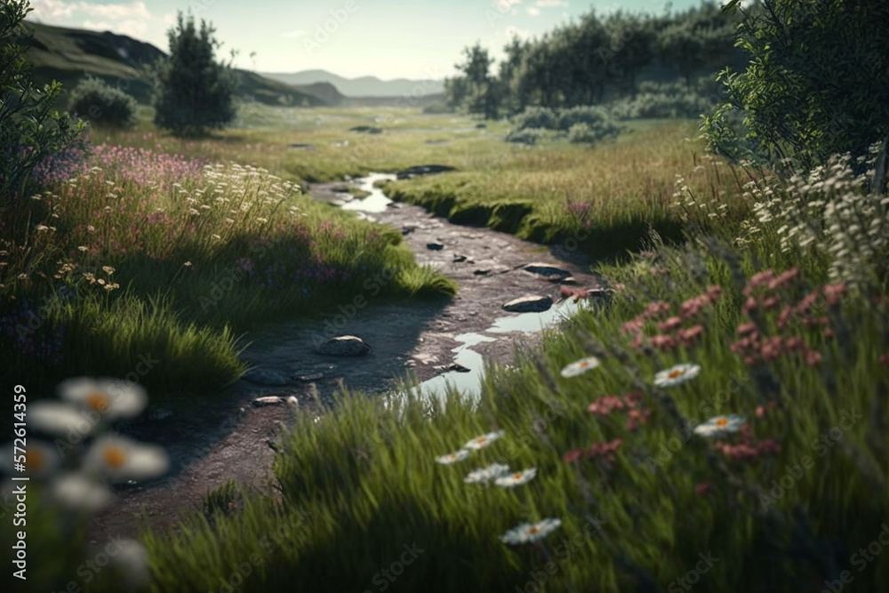 green meadow with many wildflowers and a path, created by a neural network, Generative AI technology