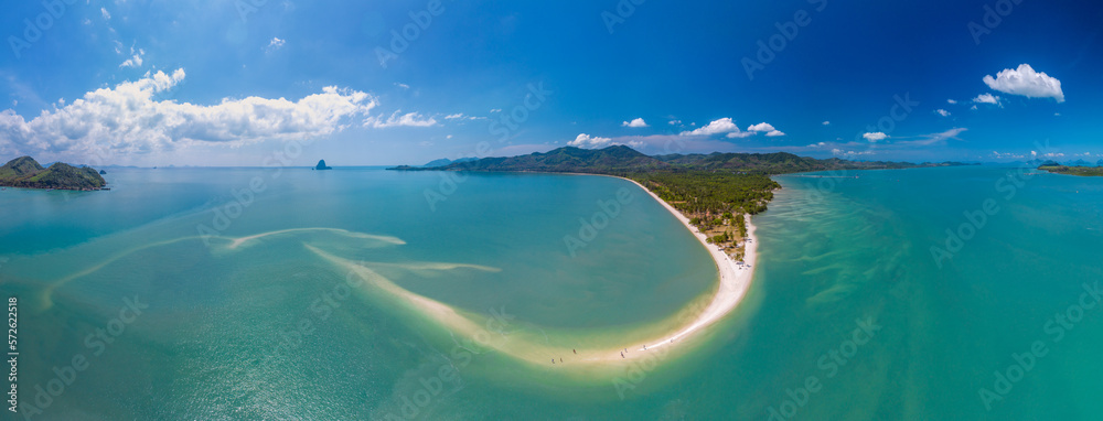 Aerial panorama drone shot of Lam Haed beach peninsula, Koh Yao Yai island, Phang nga, Thailand Long