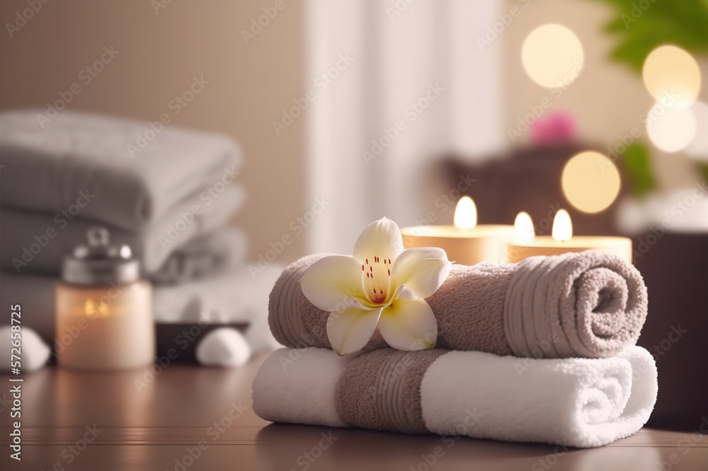 AI Generative image, spa accessory composition set in spa hotel , beauty wellness center . Spa produ