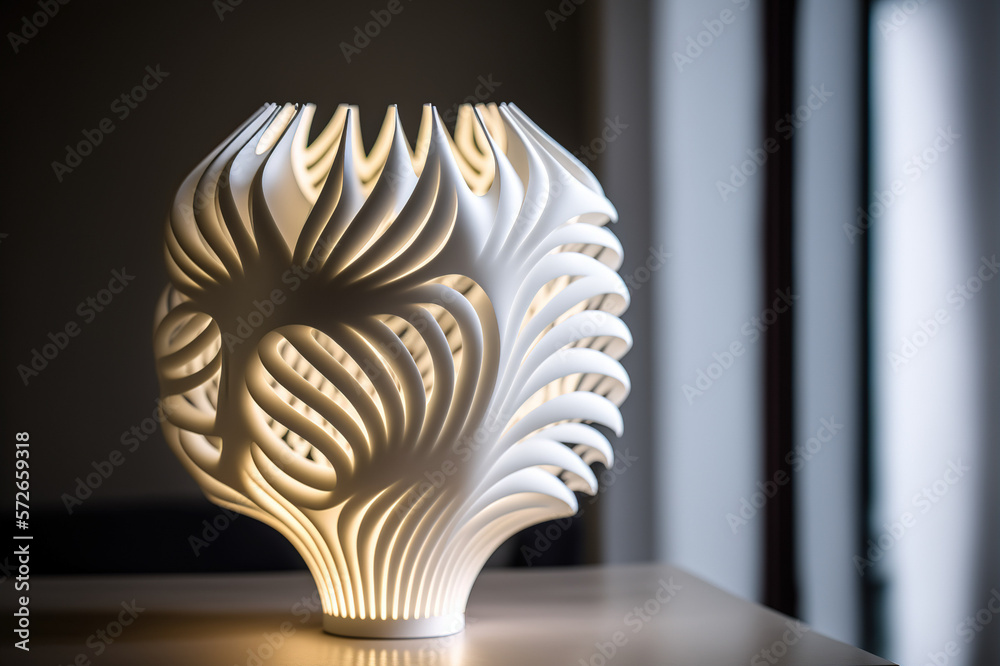 Lamp on bedside table at night prototype by 3D printing technology . Sublime Generative AI image .