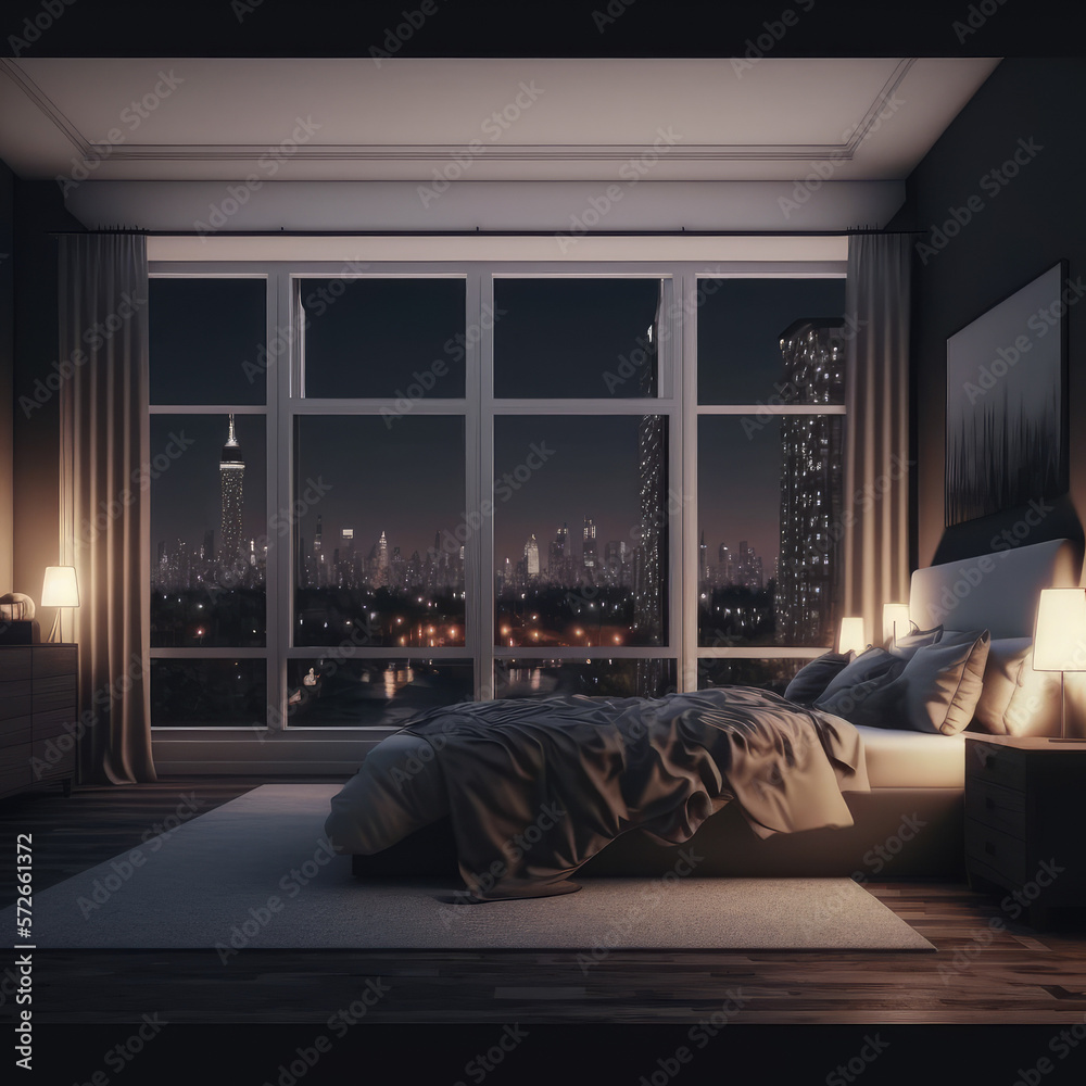 Interior of luxury penthouse bedroom at night. Peculiar AI generative image.