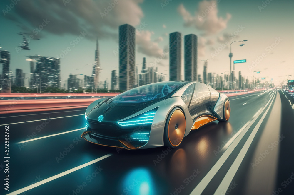 Fast electric car with luxury futuristic autonomous sensor software driving on road in downtown city