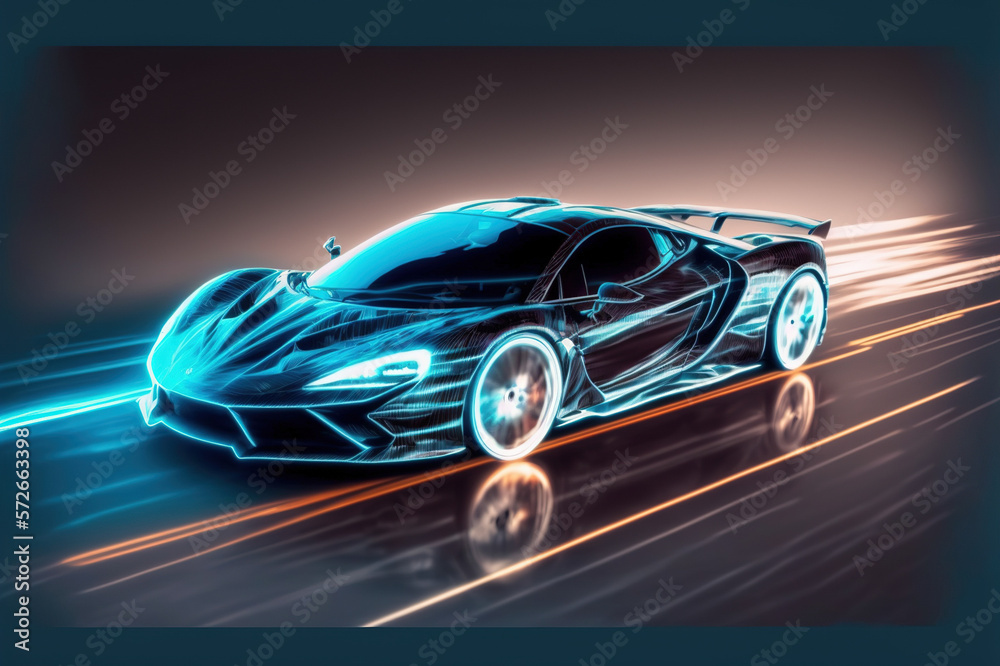 Speeding fast sports car drives on highway road with motion blur effects creating light trailing env