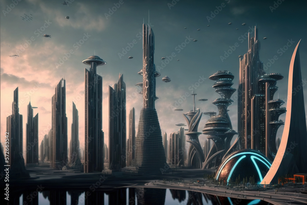 Skyline of futuristic city with fictional architecture in panoramic view . Megalopolis landscape wit