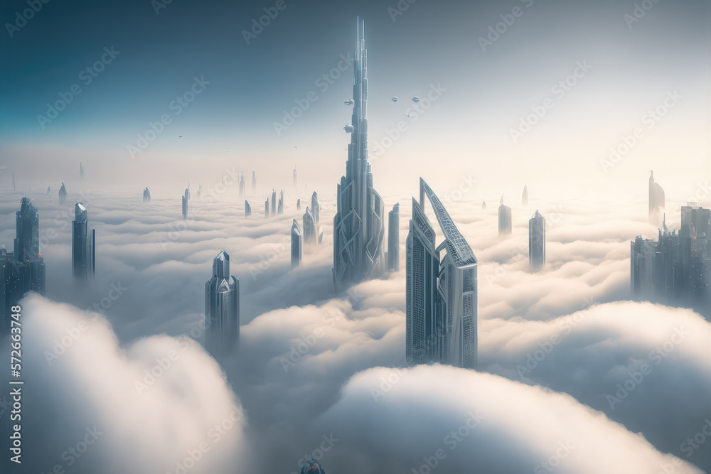 Top of skyscrapers building high above the clouds in the morning sunrise . Futuristic architecture o