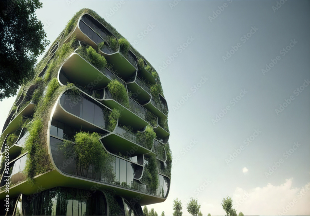 Eco-friendly green building with vertical garden design for sustainability . Sublime Generative AI i