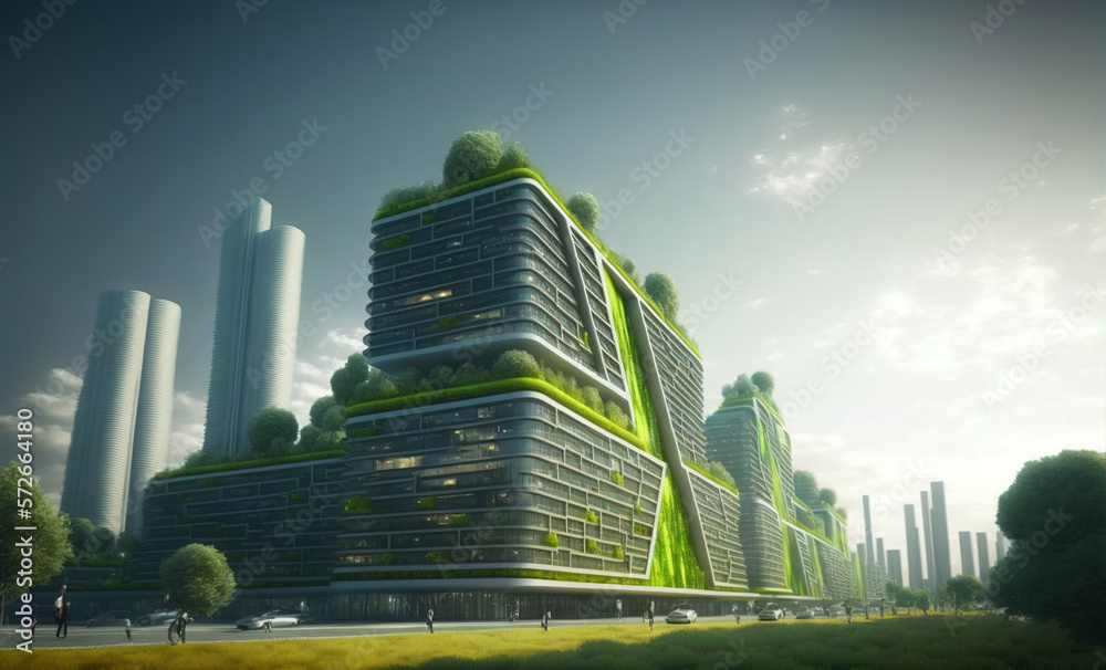 Sustainable green city with futuristic office building and architecture . Sublime Generative AI imag