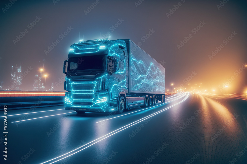 Self driving futuristic freight truck deliver goods to warehouse on city highway road with advanced 