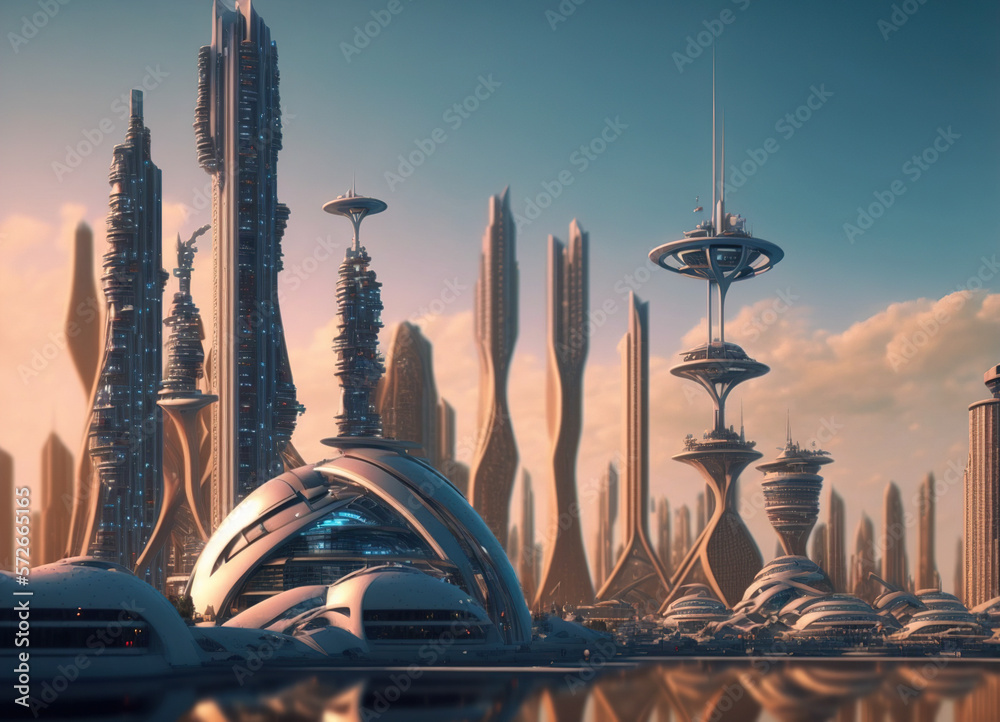 Skyline of futuristic city with fictional architecture in panoramic view . Megalopolis landscape wit