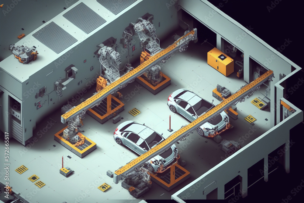 Top View Car Factory with Automated Robot Arm Assembly Line Manufacturing . Sublime Generative AI im