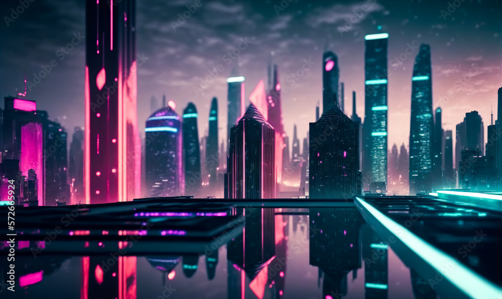 Futuristic city with neon light of pink and blue illuminated city street . Sublime Generative AI ima