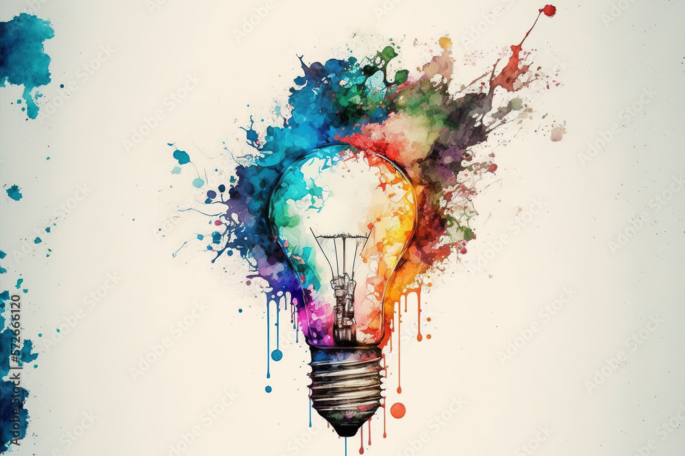 colorful bulb with color splash on white background . Sublime Generative AI image .