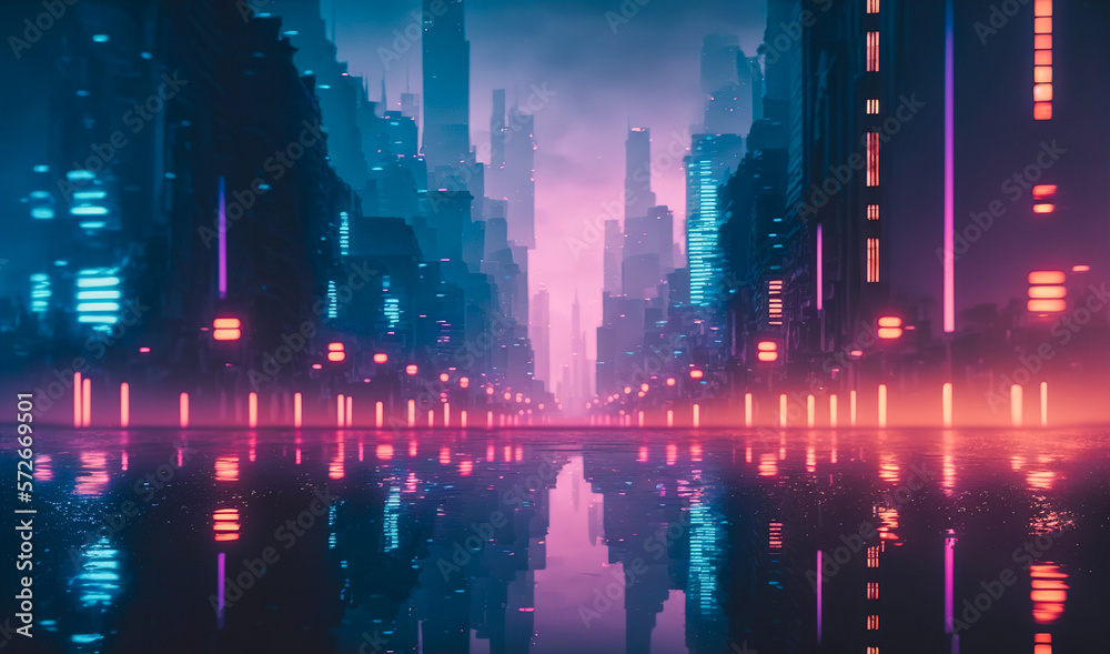 Futuristic city with neon light of pink and blue illuminated city street . Sublime Generative AI ima