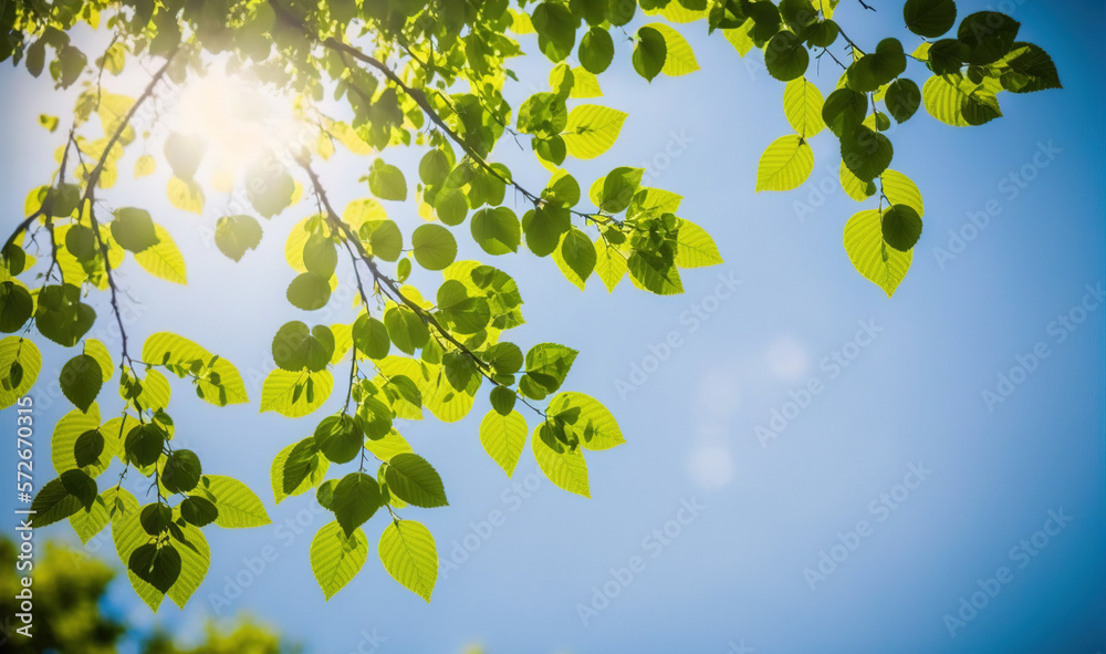 Green leaves under blue sky background in spring and summer garden . Sublime Generative AI image .