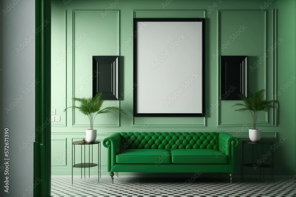 Green modern interior living room design with empty picture frame template for your desired content.