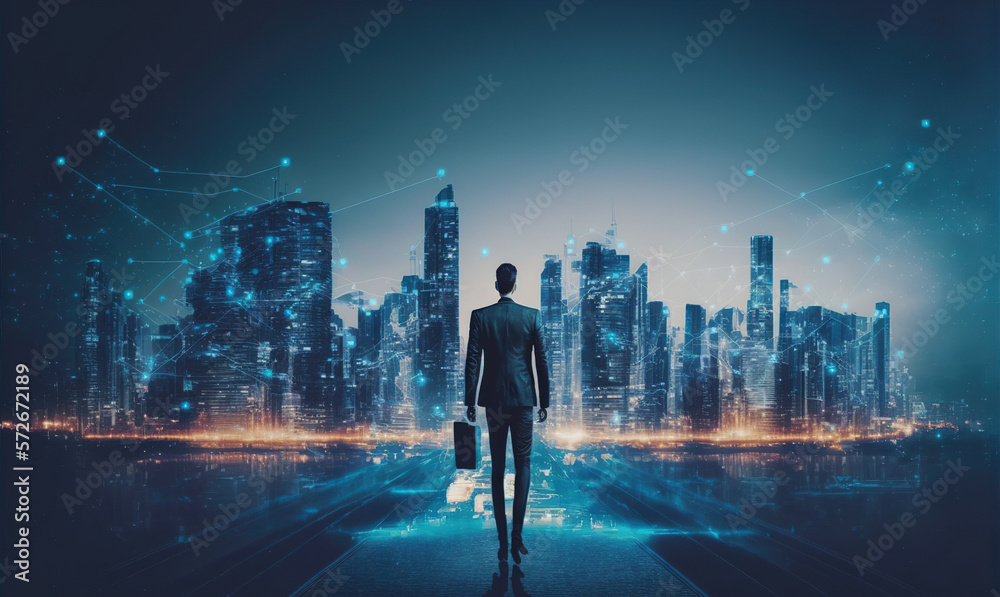 Businessman walking on virtual reality platform to futuristic smart city of opportunity with interne