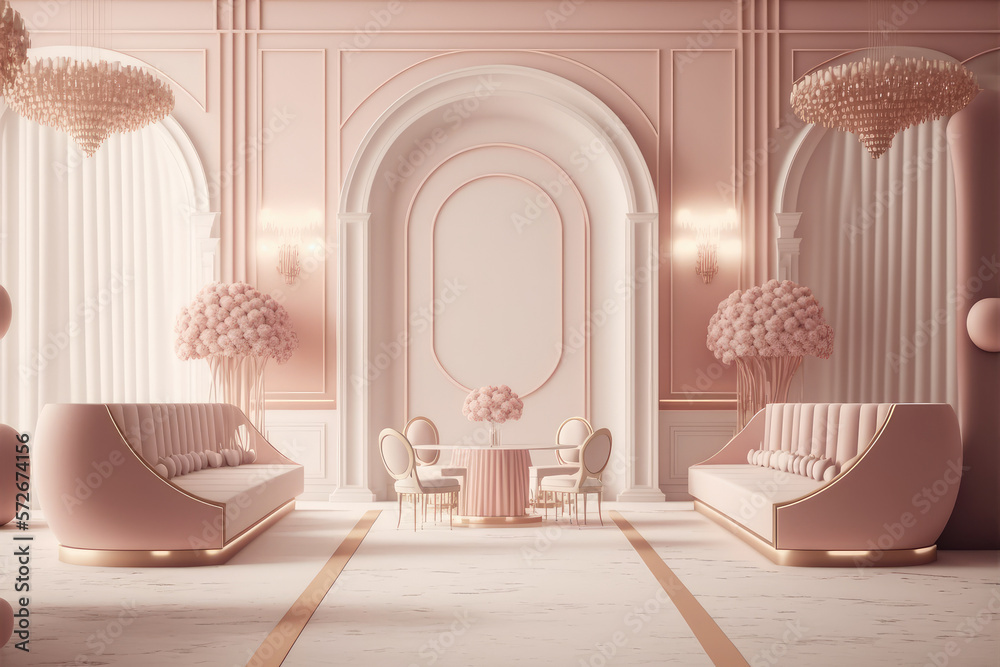 Modern living room interior design decorated in luxurious all pink color monochrome. Peculiar AI gen