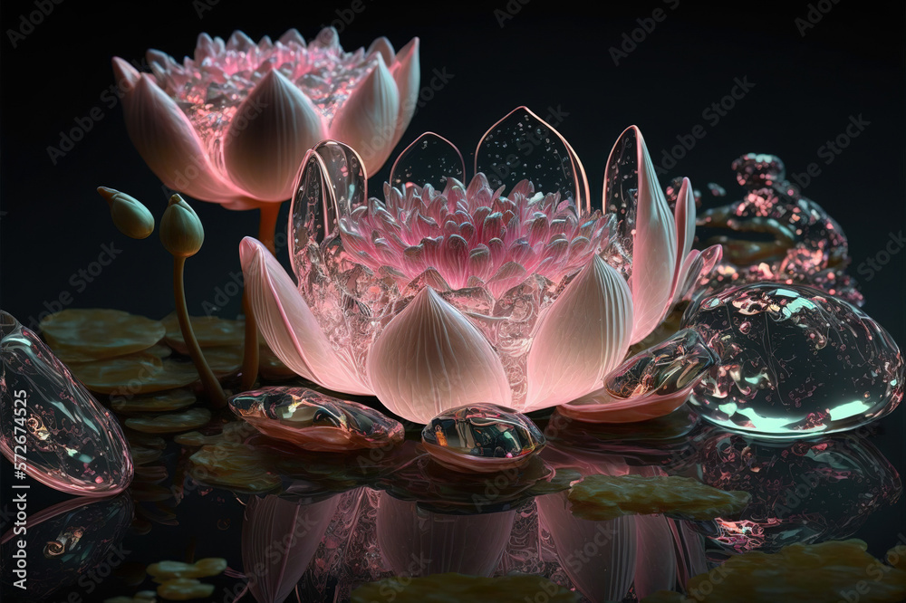 Dreamlike image of light glowing lotus flower or water lily with transparent pink illumination under