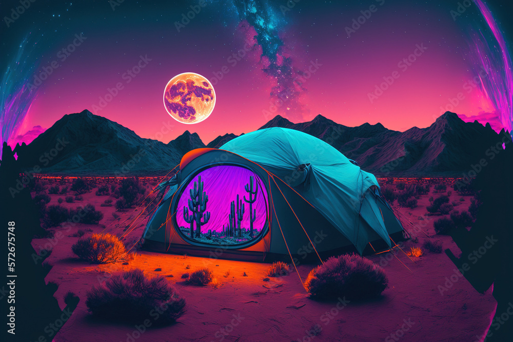 Camping tent illustrated in neon light vaporwave design . Sublime Generative AI image .