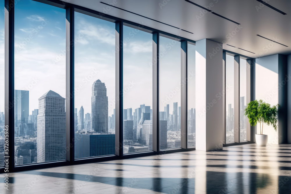 Empty modern office background in city center . Workspace interior design . Clean and bright office 