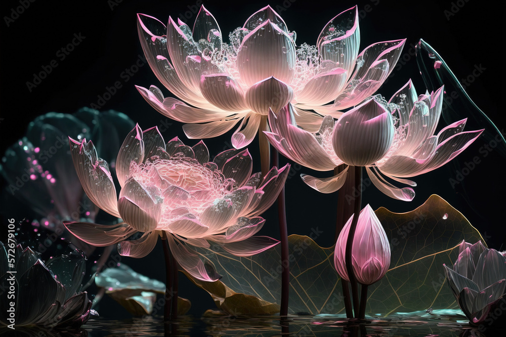 Dreamlike image of light glowing lotus flower or water lily with transparent pink illumination under