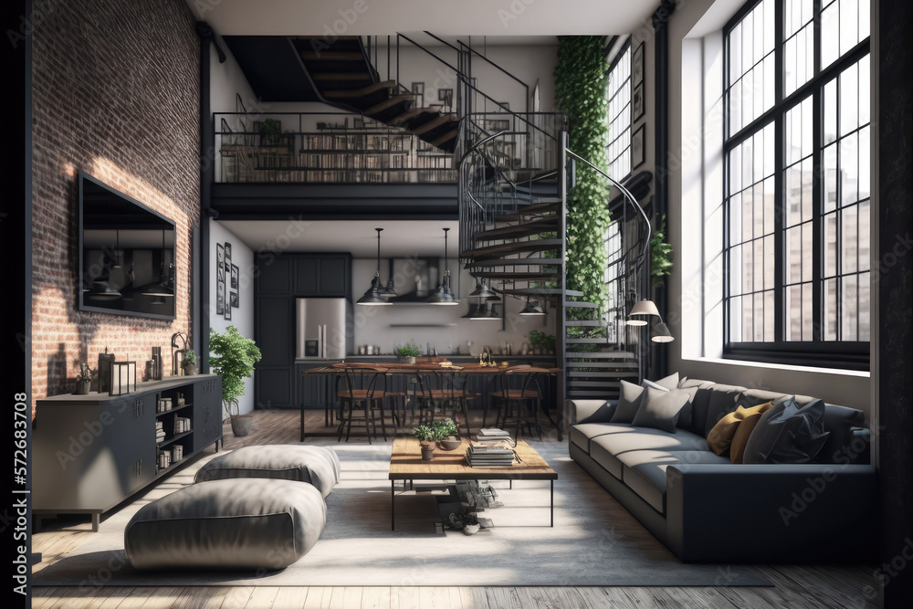 Luxury apartment decorated with industrial loft modern interior design. Peculiar AI generative image