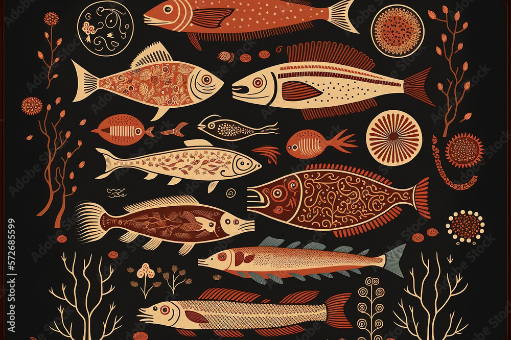 Folk art design of fish pattern wallpaper, red color theme . Sublime Generative AI image .