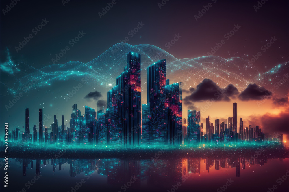 Futuristic smart city internet network connection through wireless system. Peculiar AI generative im