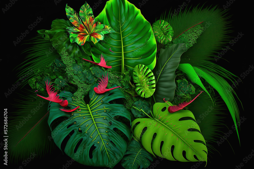 Various tropical leaves and birds exotic wallpaper design . Sublime Generative AI image .