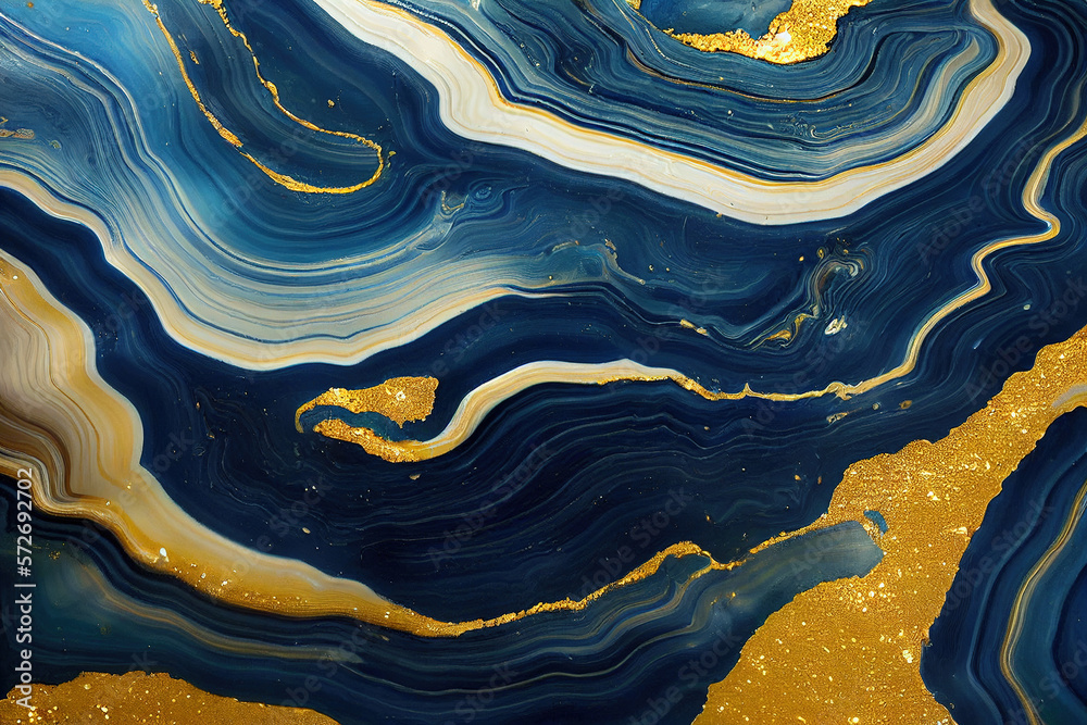 Abstract art background with a fluid marble blue and gold texture. Splendid generative AI luxury abs