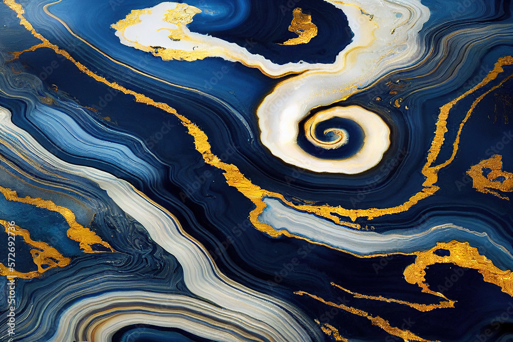 Abstract art background with a fluid marble blue and gold texture. Splendid generative AI luxury abs