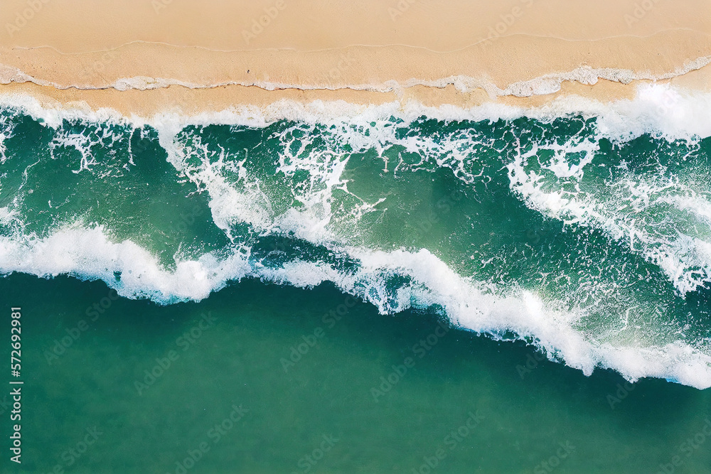 Spectacular top view from drone photo of beautiful beach with relaxing sunlight, sea water waves pou