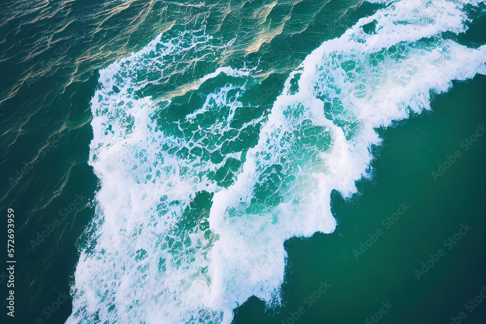 Spectacular top view from drone photo of beautiful beach with relaxing sunlight, sea water waves pou