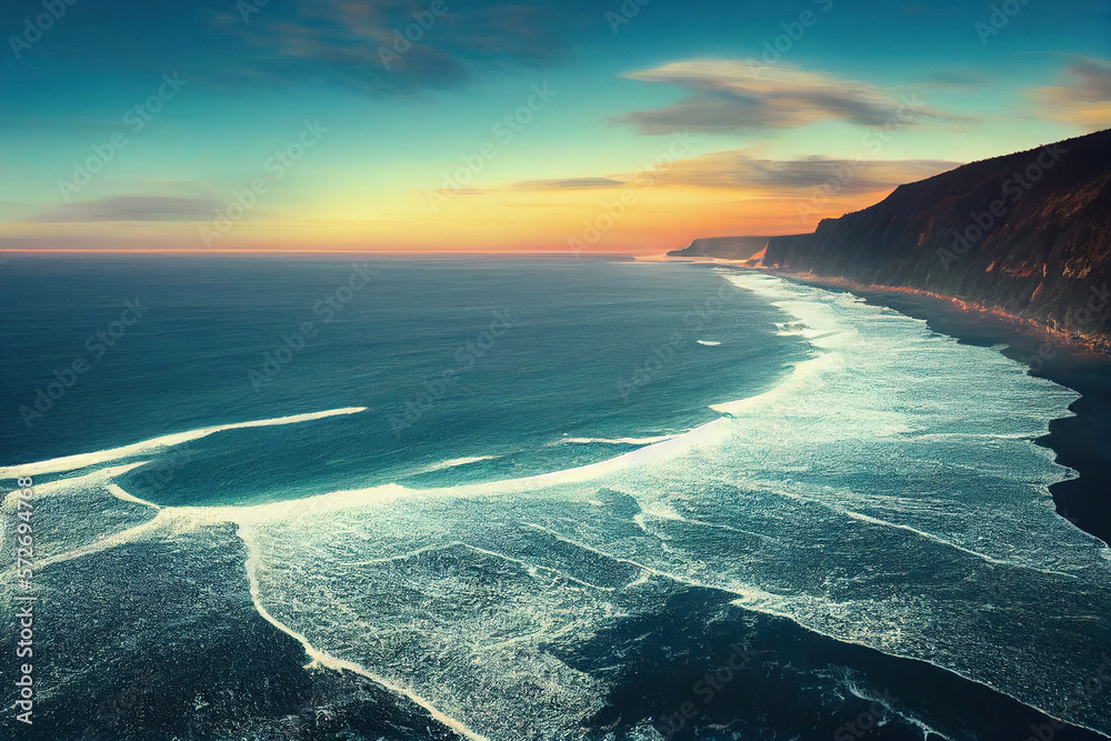 Spectacular drone photo of seascape ocean wave crashing rocky cliff coast with sunset at the horizon