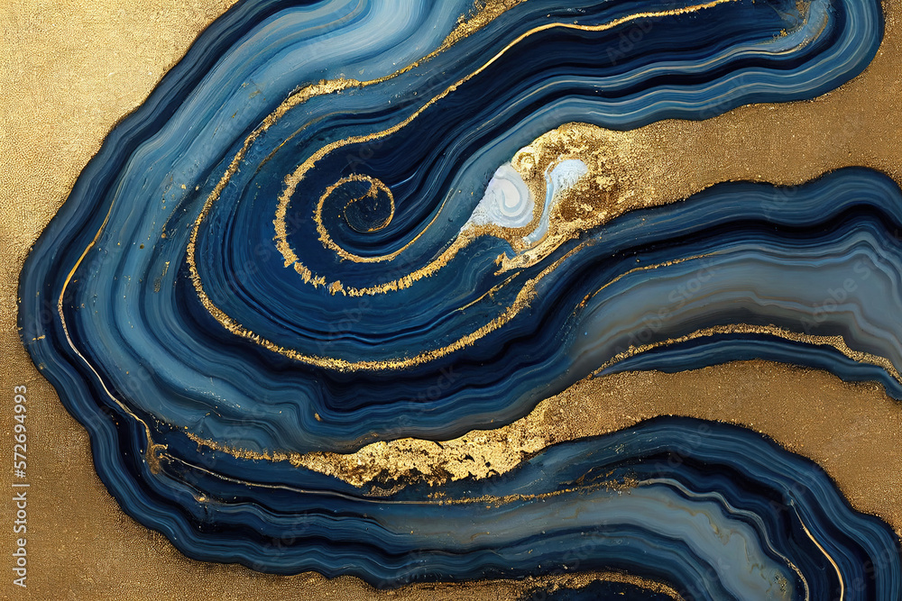 Abstract art background with a fluid marble blue and gold texture. Splendid generative AI luxury abs