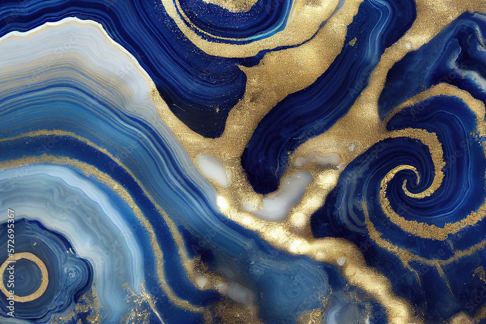 Abstract art background with a fluid marble blue and gold texture. Splendid generative AI luxury abs