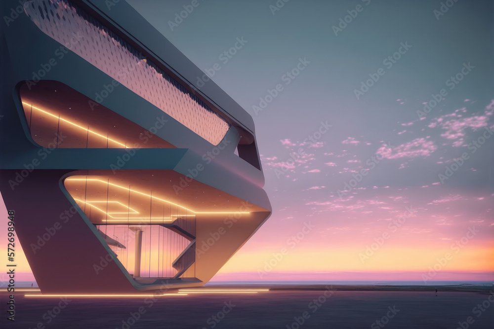 Sunset view of empty balcony floor on corridor of modern building exterior. Peculiar AI generative i