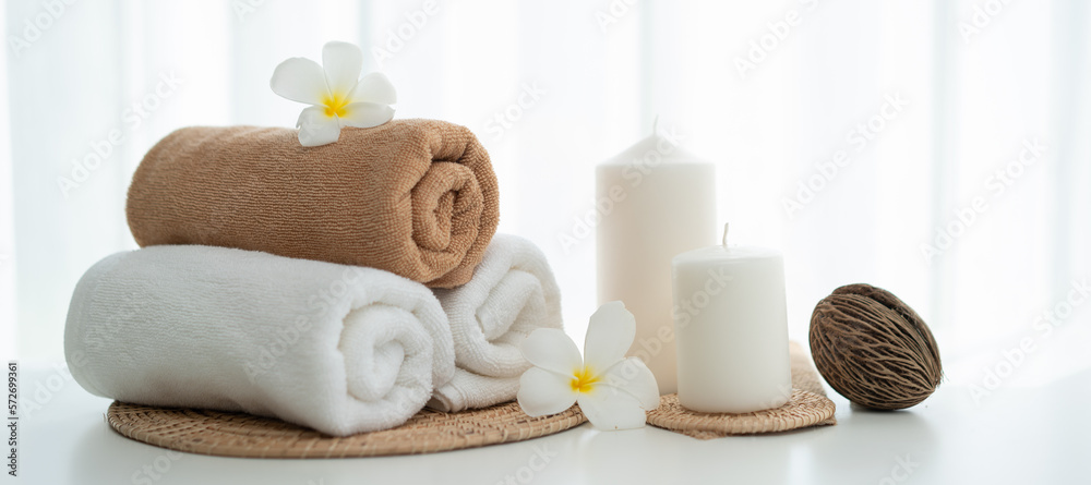 Spa accessory composition set in day spa hotel , beauty wellness center . Spa product are placed in 