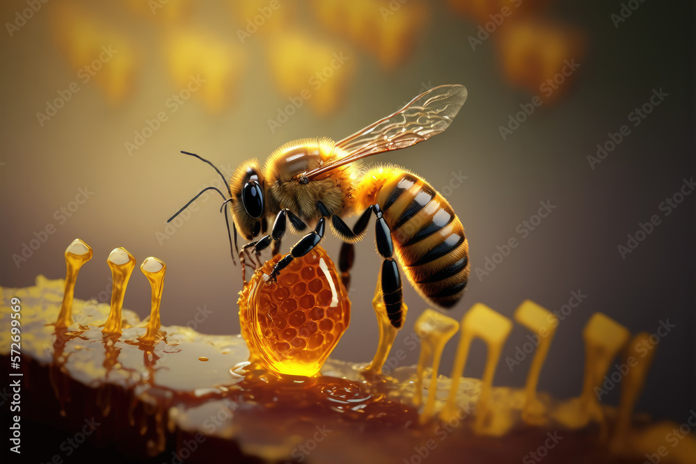 Bee and honey from close up view of nature insect. Peculiar AI generative image.