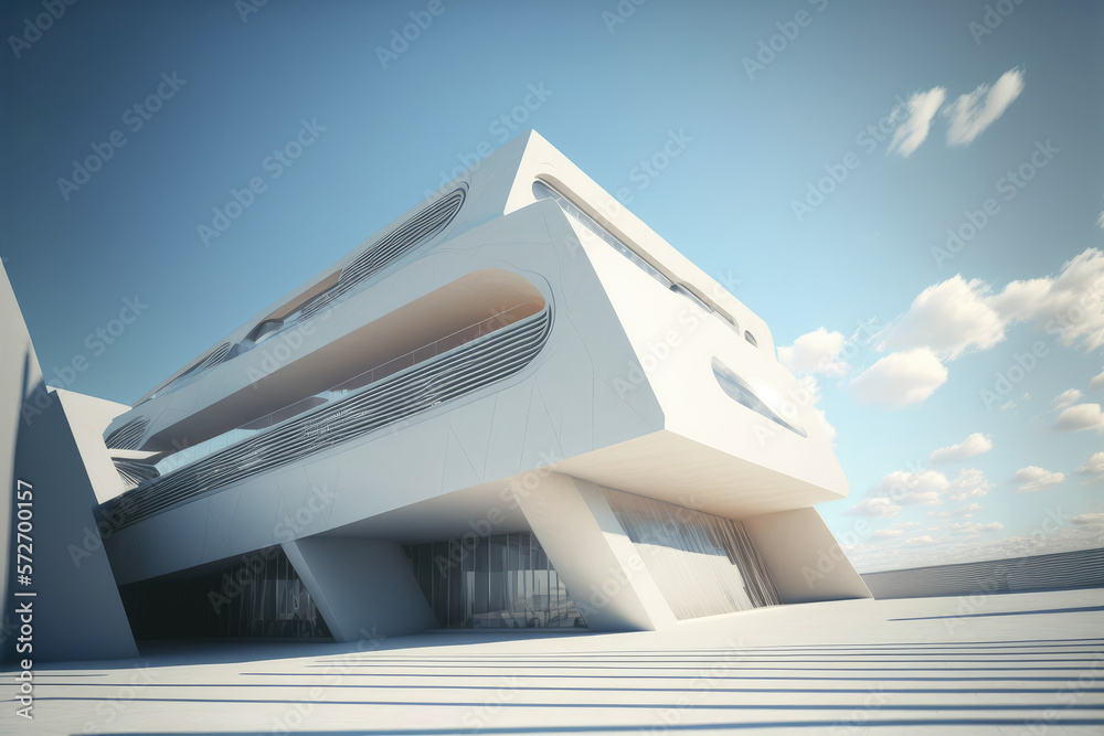 Futuristic architecture of modern hall entrance facade with empty concrete corridor under bright blu