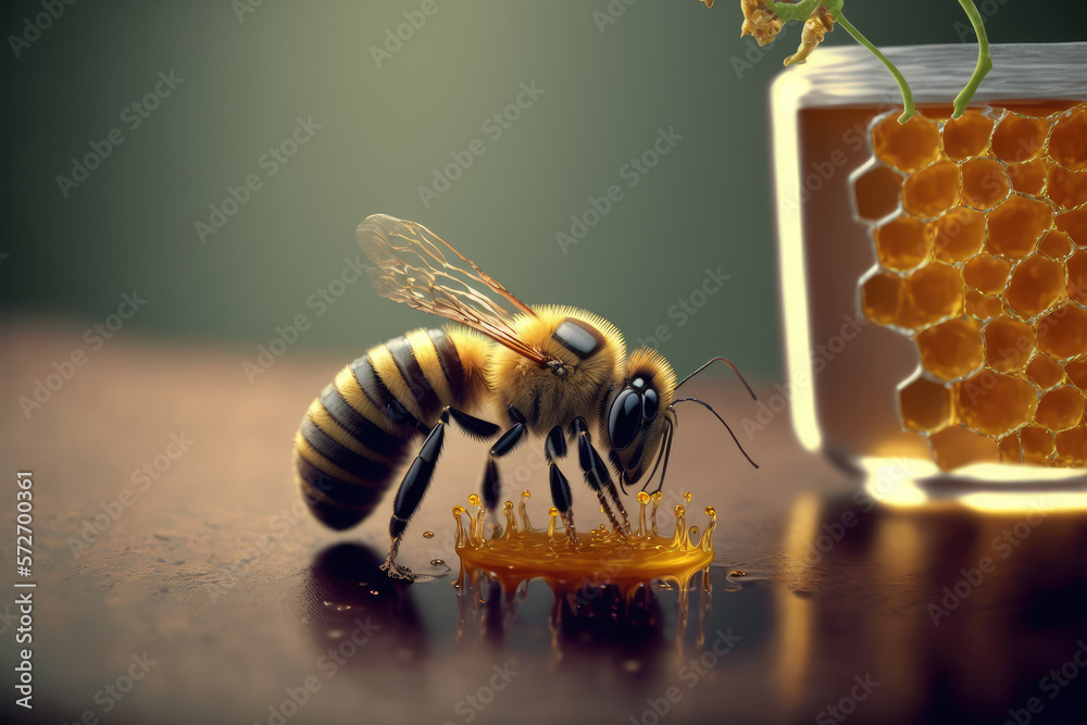 Bee and honey from close up view of nature insect. Peculiar AI generative image.